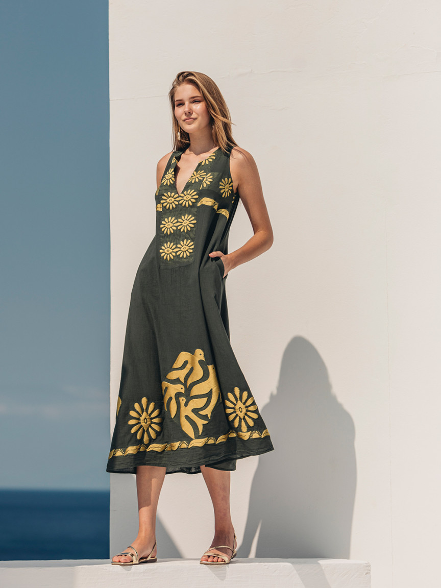 Vestido Lana Midi Boho Bordado Nema Resort Wear