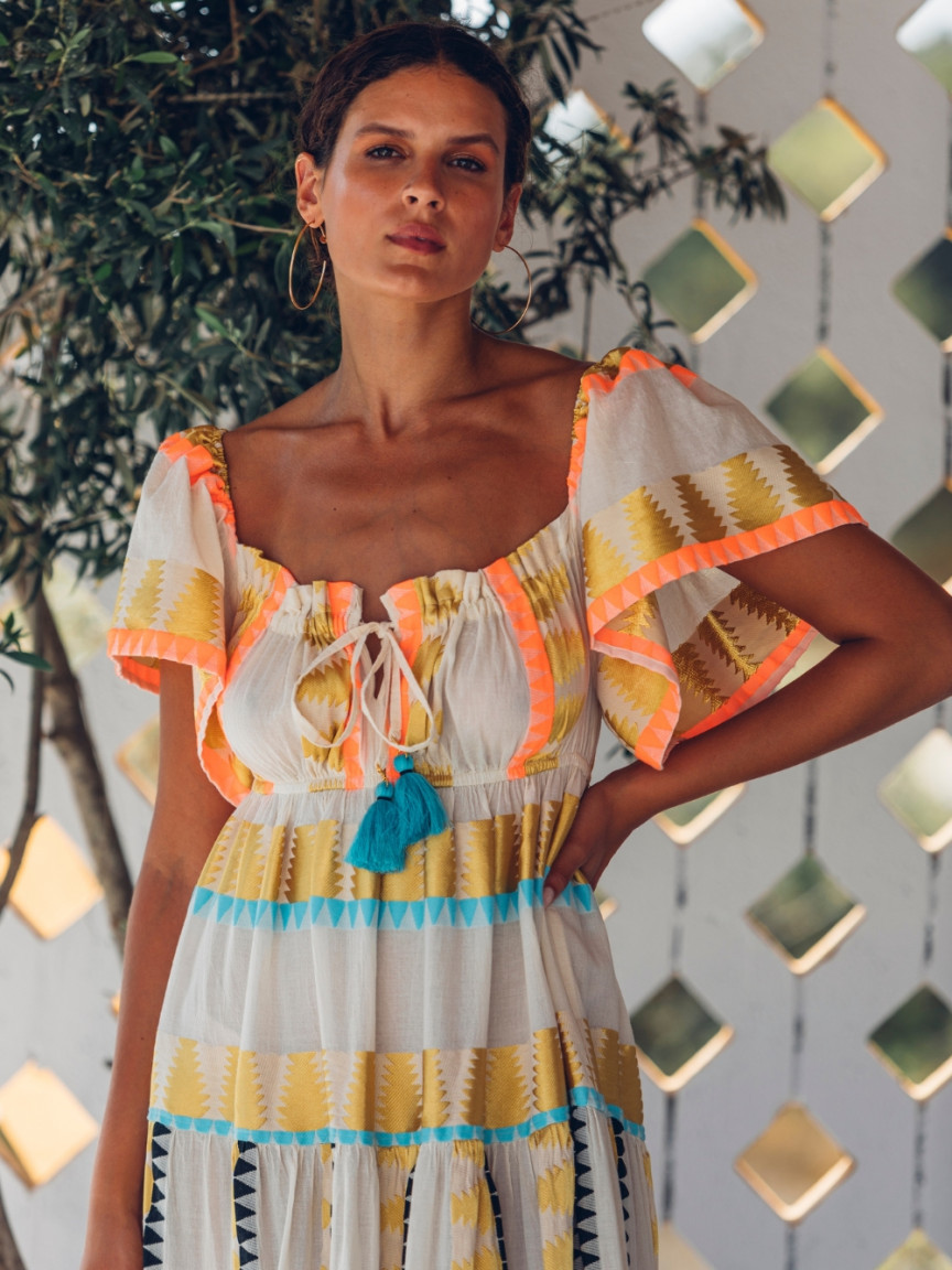 Vestido Largo Bordado Flúor Nema Resort Wear