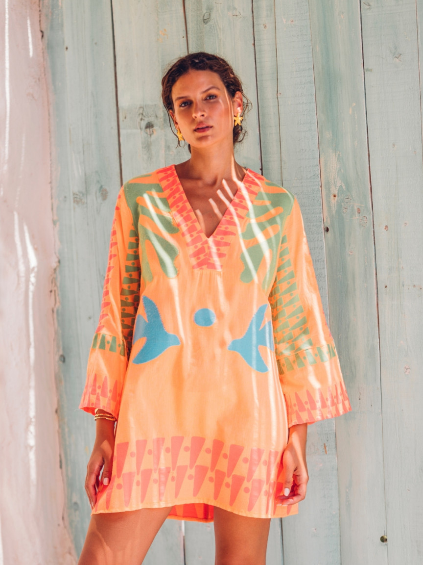 Vestido Corto Bordado en Naranja Nema Resort Wear