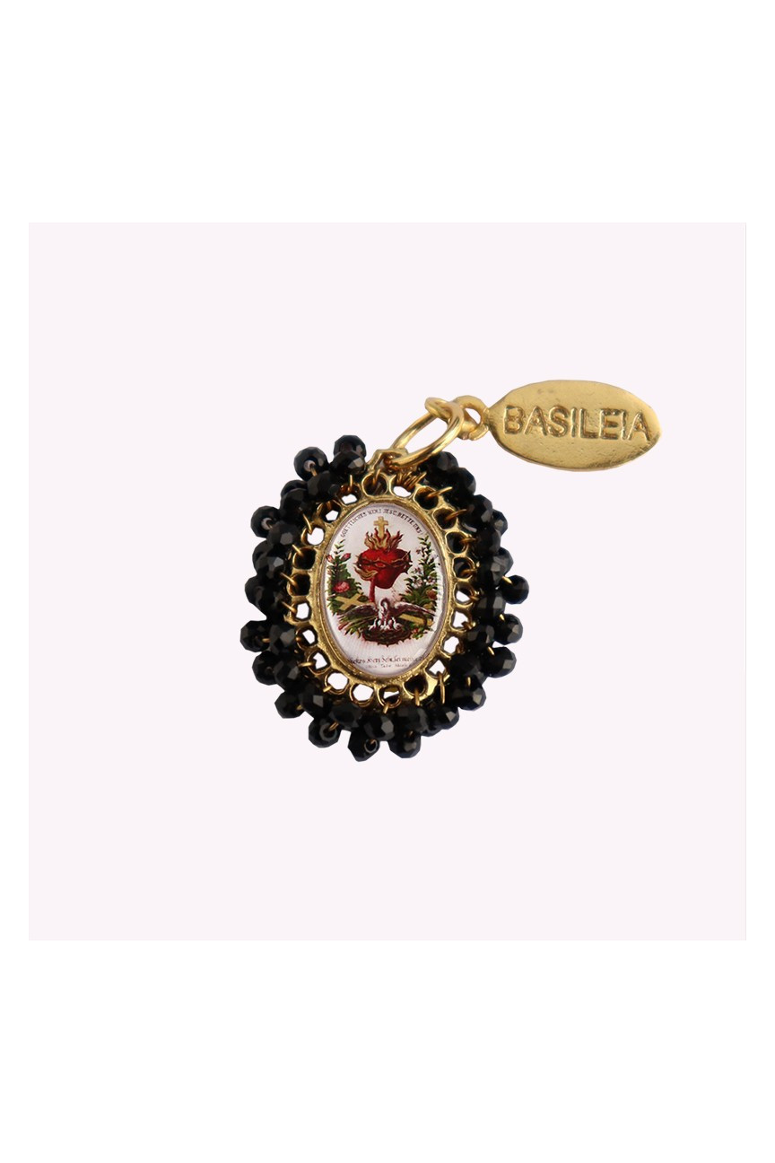 Medalla religiosa pequeña Sagrado Corazón flores negro Basileia